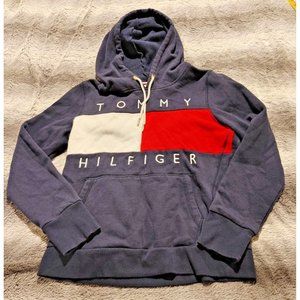 Tommy Hilfiger Women's Navy Blue Flag Pullover Knit Hoodie Sweatshirt Size S Y2K
